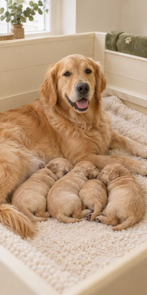 Illustration : une chienne et sa portée de très jeunes chiots
