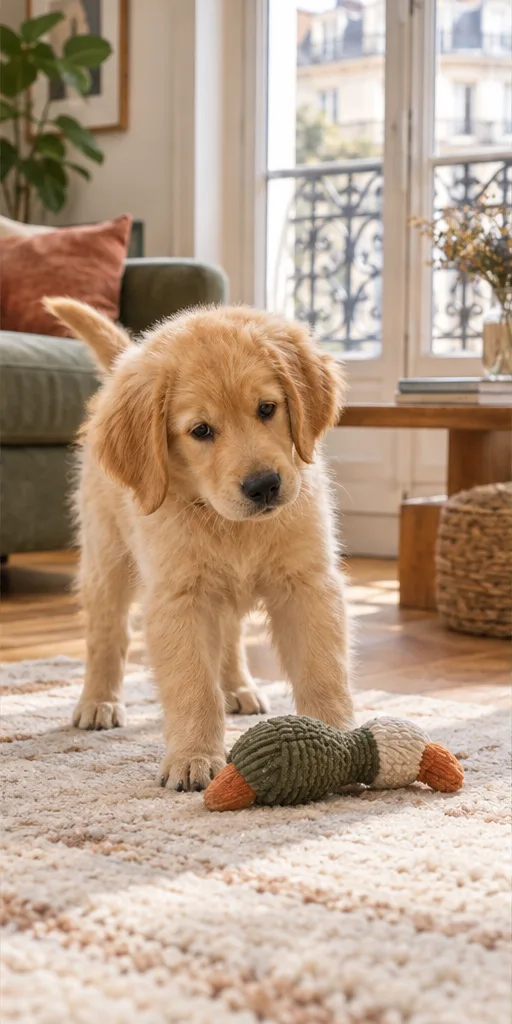 Illustration : un chiot de trois mois découvre la maison